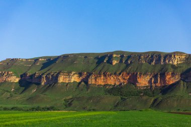 Mavi gökyüzü arka plan üzerinde yeşil çim ile Kayalar. Güzel landsca