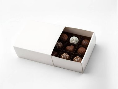 Beyaz arka planda çeşitli çikolatalar olan beyaz çekmece kutusu