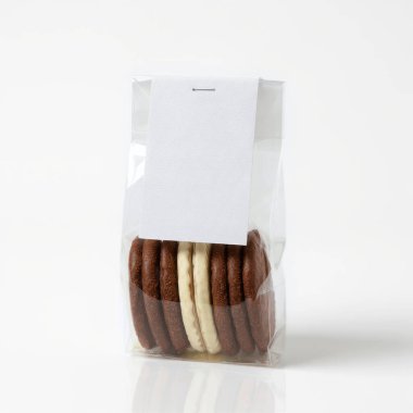 White flap on clear plastic bag with chocolates in a white setting, side view