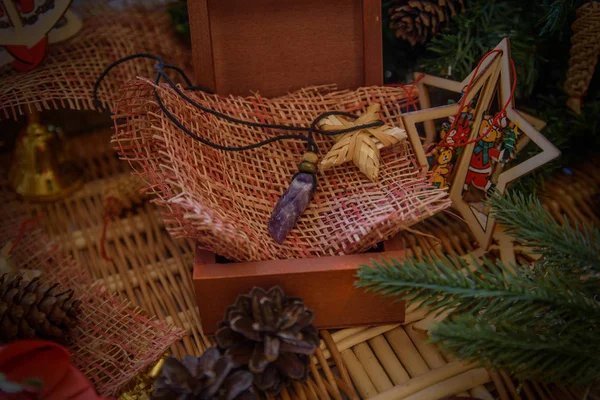 Natal Quente Ano Novo Fundo Com Brinquedos Palha Ramos Abeto — Fotografia de Stock