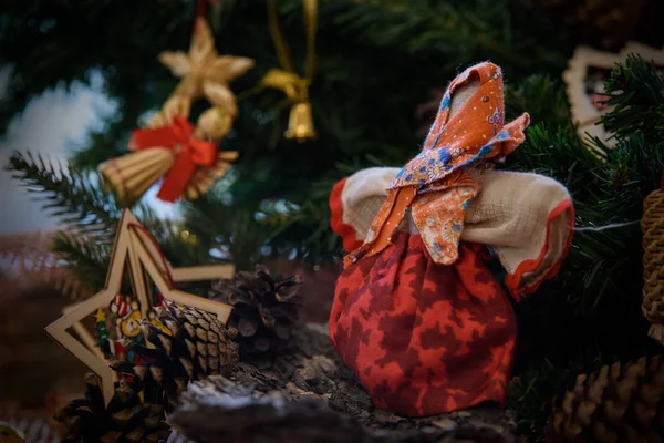 Natal Quente Ano Novo Fundo Com Brinquedos Palha Ramos Abeto — Fotografia de Stock