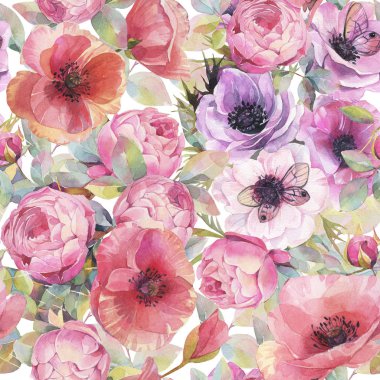 Sulu boya Dikişsiz desen çiçekler, Anemon, haşhaş, gül ve kelebekler. Romantik botanik duvar kağıdı.