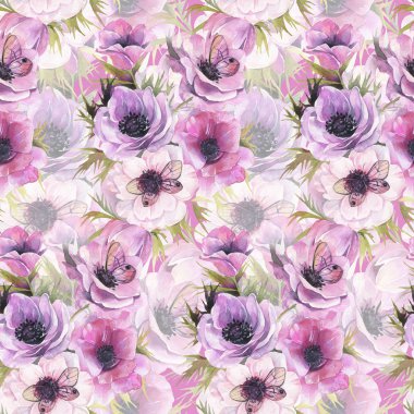 Sulu boya Dikişsiz desen Anemon ve kelebekler. Romantik botanik duvar kağıdı.