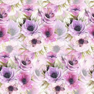Sulu boya Dikişsiz desen Anemon ve kelebekler. Romantik botanik duvar kağıdı.