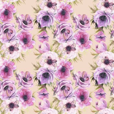 Sulu boya Dikişsiz desen Anemon ve kelebekler. Romantik botanik duvar kağıdı.