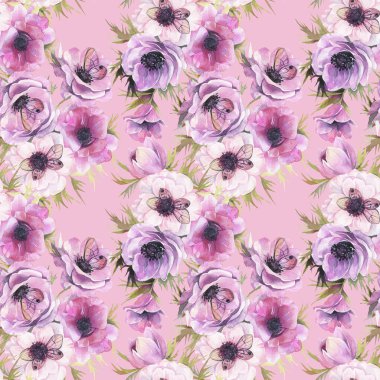Sulu boya Dikişsiz desen Anemon ve kelebekler. Romantik botanik duvar kağıdı.