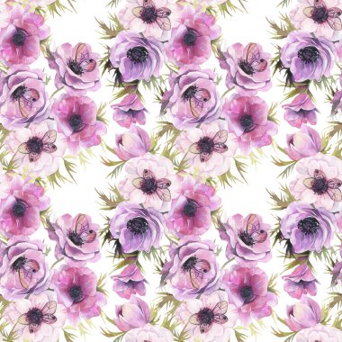 Sulu boya Dikişsiz desen Anemon ve kelebekler. Romantik botanik duvar kağıdı.