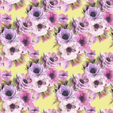 Sulu boya Dikişsiz desen Anemon ve kelebekler. Romantik botanik duvar kağıdı.