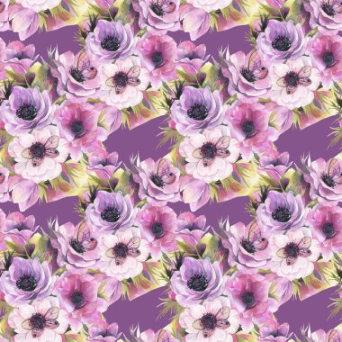 Sulu boya Dikişsiz desen Anemon ve kelebekler. Romantik botanik duvar kağıdı.