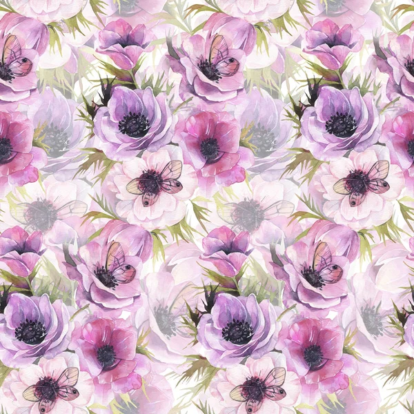 Sulu boya Dikişsiz desen Anemon ve kelebekler. Romantik botanik duvar kağıdı.