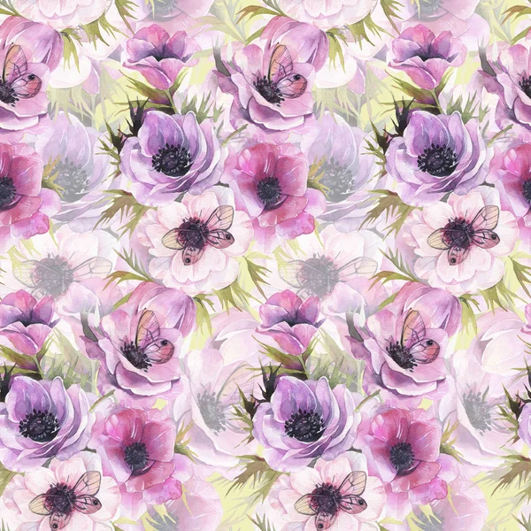 Sulu boya Dikişsiz desen Anemon ve kelebekler. Romantik botanik duvar kağıdı.