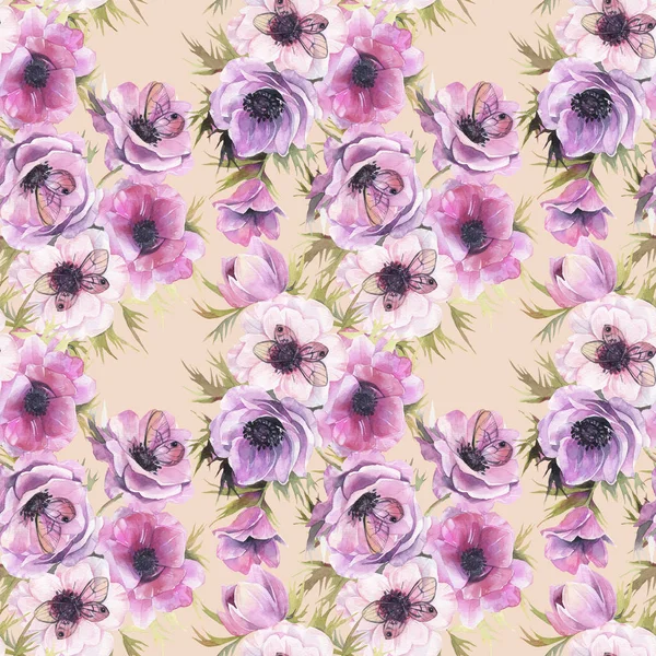 Sulu boya Dikişsiz desen Anemon ve kelebekler. Romantik botanik duvar kağıdı.
