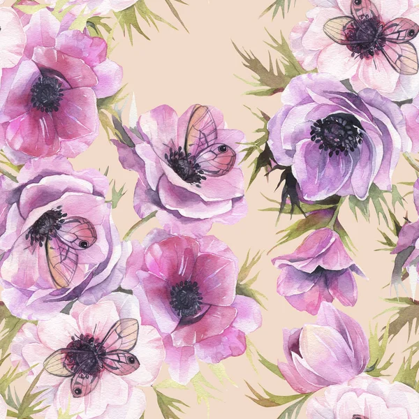 Sulu boya Dikişsiz desen Anemon ve kelebekler. Romantik botanik duvar kağıdı.