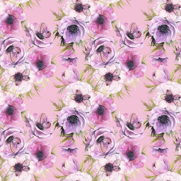 Sulu boya Dikişsiz desen Anemon ve kelebekler. Romantik botanik duvar kağıdı.