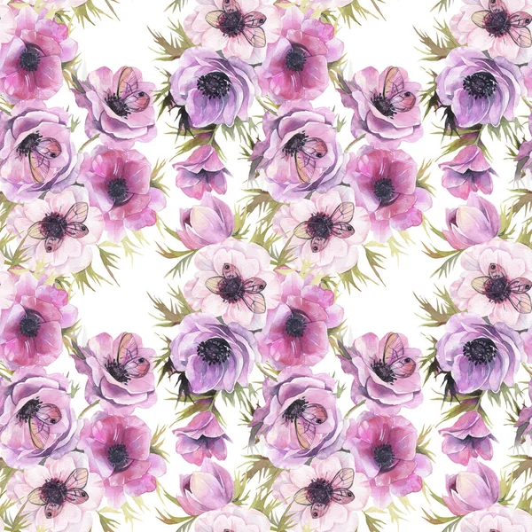 Watercolor seamless pattern with anemones and butterflies. Romantic botanical wallpaper.