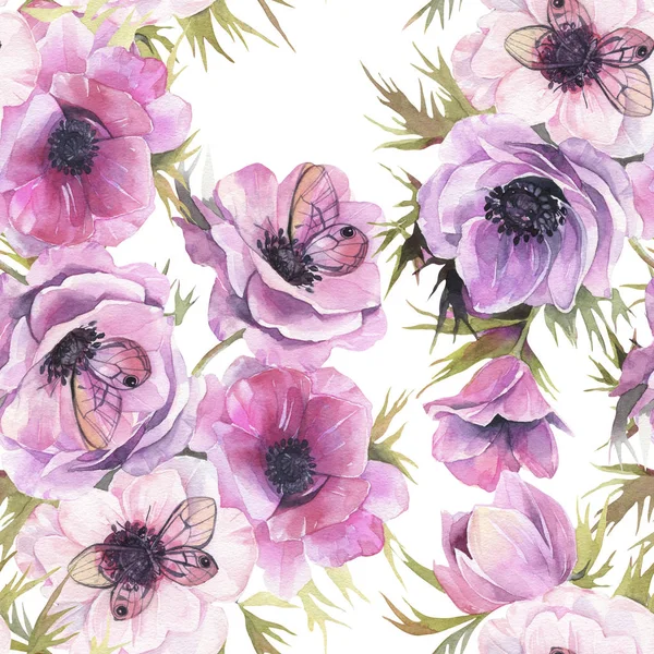 Sulu boya Dikişsiz desen Anemon ve kelebekler. Romantik botanik duvar kağıdı.