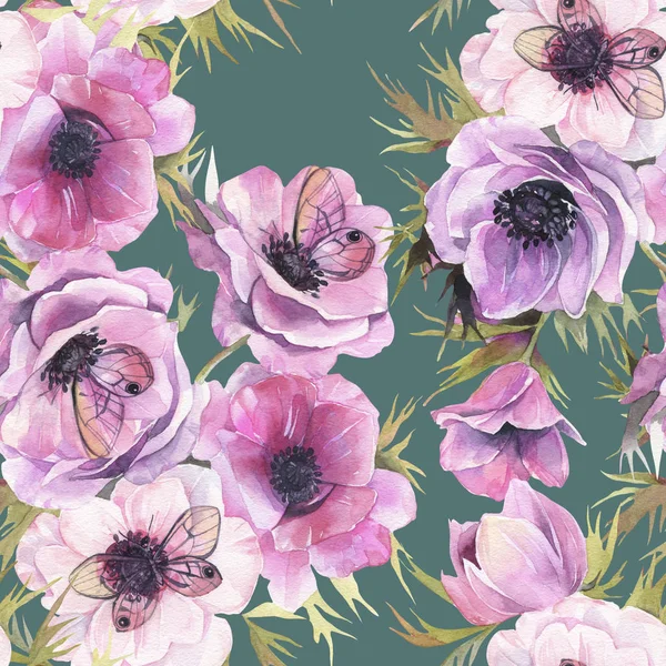 Sulu boya Dikişsiz desen Anemon ve kelebekler. Romantik botanik duvar kağıdı.