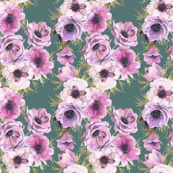 Sulu boya Dikişsiz desen Anemon ve kelebekler. Romantik botanik duvar kağıdı.