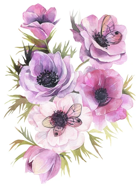 Hand Drawn Watercolor Flowers Tender Bouquet Anemones Butterflies Fine Art — Stock Photo, Image