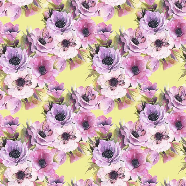 Sulu boya Dikişsiz desen Anemon ve kelebekler. Romantik botanik duvar kağıdı.