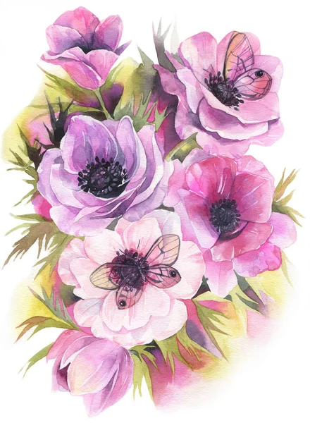 Hand drawn watercolor flowers. Tender bouquet with anemones and butterflies. Fine art painting.