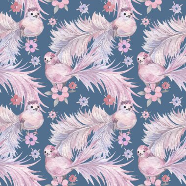 Elle çizilmiş suluboya seamless modeli. Bebek duvar kağıdı. Ayaz kuyruk kuşlarla çizgi film.