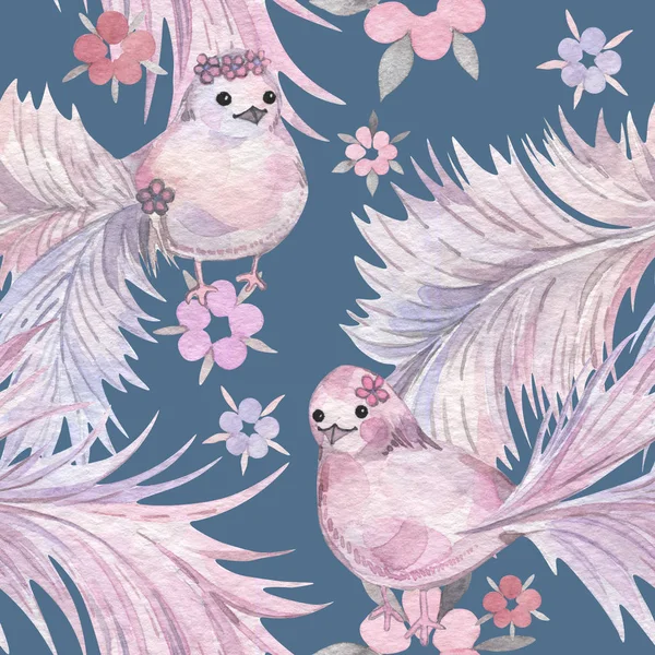 Elle çizilmiş suluboya seamless modeli. Bebek duvar kağıdı. Ayaz kuyruk kuşlarla çizgi film.