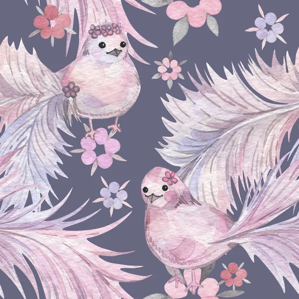 Elle çizilmiş suluboya seamless modeli. Bebek duvar kağıdı. Ayaz kuyruk kuşlarla çizgi film.