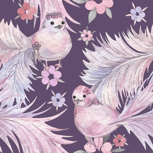 Elle çizilmiş suluboya seamless modeli. Bebek duvar kağıdı. Ayaz kuyruk kuşlarla çizgi film.