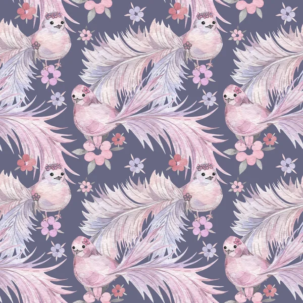 Elle çizilmiş suluboya seamless modeli. Bebek duvar kağıdı. Ayaz kuyruk kuşlarla çizgi film.