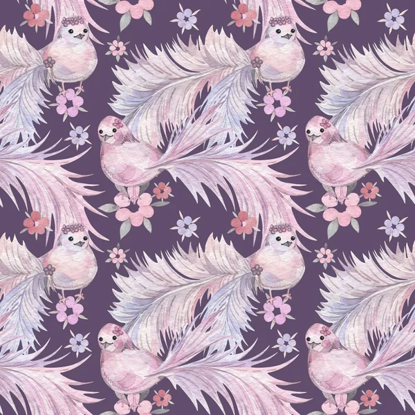 Elle çizilmiş suluboya seamless modeli. Bebek duvar kağıdı. Ayaz kuyruk kuşlarla çizgi film.