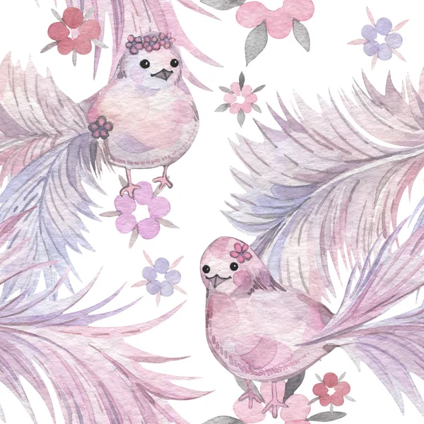 Elle çizilmiş suluboya seamless modeli. Bebek duvar kağıdı. Ayaz kuyruk kuşlarla çizgi film.