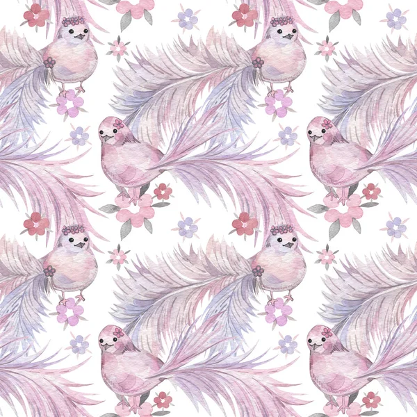 Elle çizilmiş suluboya seamless modeli. Bebek duvar kağıdı. Ayaz kuyruk kuşlarla çizgi film.