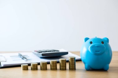 Kar iş büyüyen ve kumbara, belge ve hesap makinesi ile kaydetme adım için gelecekte, para yığınları için para biriktiriyor.