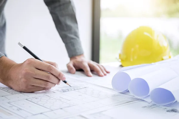 Construction Engineering Architect Hands Working Blueprint Inspection Workplace While Checking — Stock Photo, Image