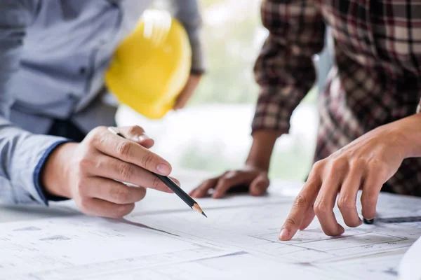 Construction Engineering Architect Discuss Blueprint While Checking Information Drawing Sketching — Stock Photo, Image