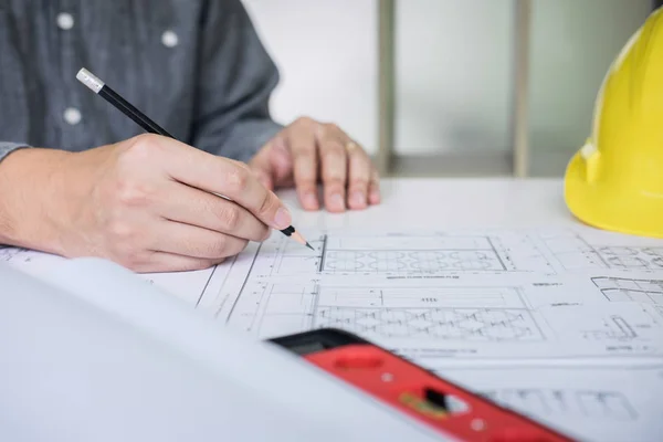 Construction Engineering Architect Hands Working Blueprint Inspection Workplace While Checking — Stock Photo, Image