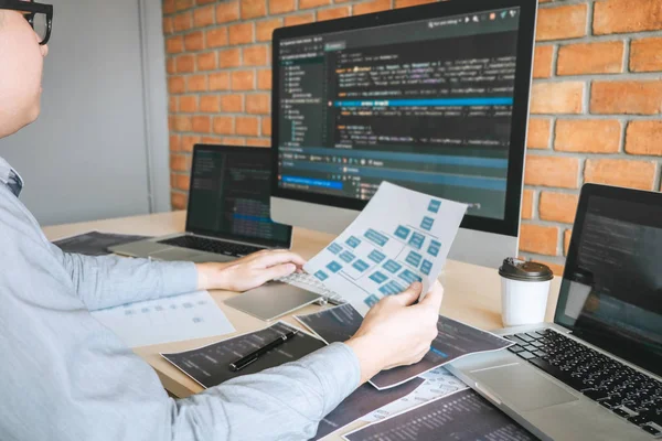 ソフトウェアのウェブサイト des を操作するプロフェッショナル開発プログラマ — ストック写真