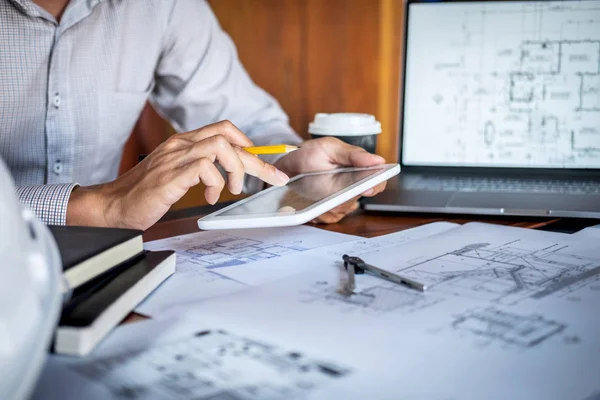 Construction engineering or architect hands working on blueprint — Stock Photo, Image