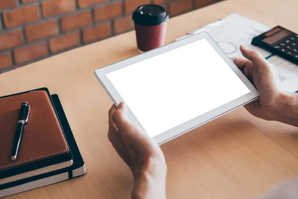 Tablet horizontal screen mockup, Image of Young man working in f