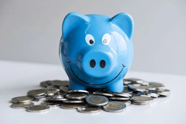 Imagini de stivuire monede grămadă și albastru zâmbitor porc bancă la gro — Fotografie, imagine de stoc