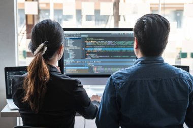 Bir yazılım taşeronlama ve kodlama teknolojisi, yazma kodları ve veritabanı üzerinde çalışan bir web sitesinde Profesyonel Geliştirici İşbirliği toplantısı ve beyin fırtınası ve programlama.