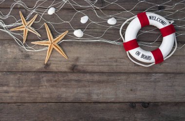 Balık ağı mavi drift Wood kabukları, deniz yıldızı, yelkenli gemi, deniz dekorasyon