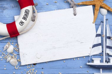 Balık ağı mavi drift Wood kabukları, deniz yıldızı, yelkenli gemi, deniz dekorasyon