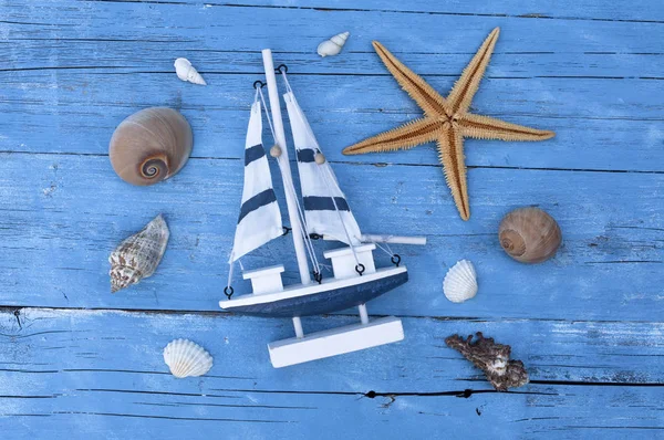 海上装饰与贝壳 渔网上蓝色漂流木材 — 图库照片