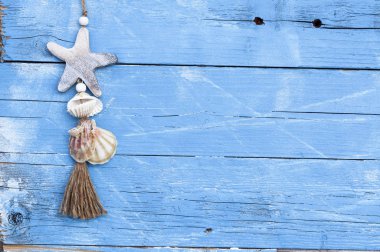 Balık ağı mavi drift Wood kabukları, deniz yıldızı, yelkenli gemi, deniz dekorasyon
