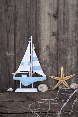 Balık ağı mavi drift Wood kabukları, deniz yıldızı, yelkenli gemi, deniz dekorasyon
