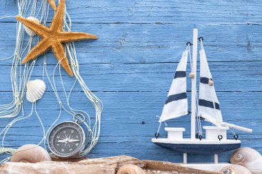 Balık ağı mavi drift Wood kabukları, deniz yıldızı, yelkenli gemi, deniz dekorasyon