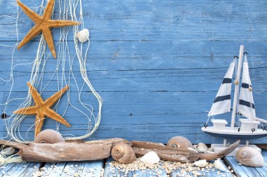 Balık ağı mavi drift Wood kabukları, deniz yıldızı, yelkenli gemi, deniz dekorasyon