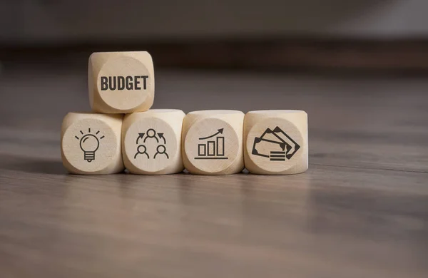 Kuberna Tärningar Med Business Symboler Budget — Stockfoto